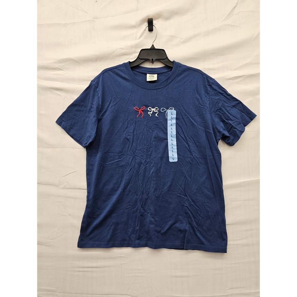 State of Mine Womens Americana Tee Blue Cotton Embroidered Bow Casual Size Large